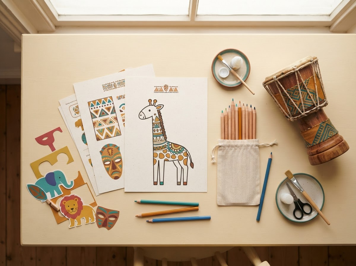 Activity pack with printable worksheets, colored pencils and a wooden drum toy